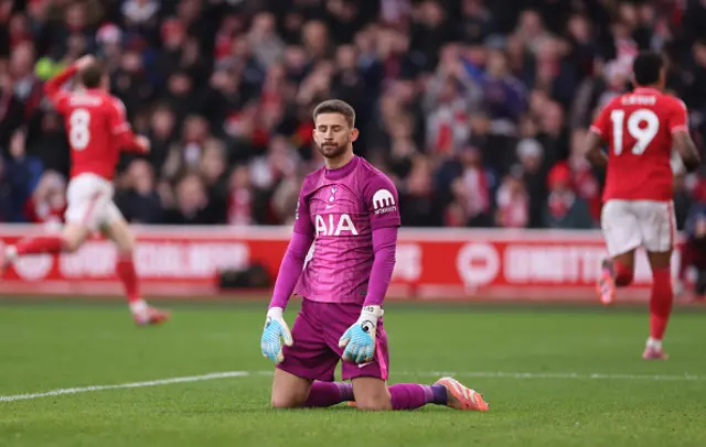 Guglielmo Vicario of Tottenham Hotspur reacts