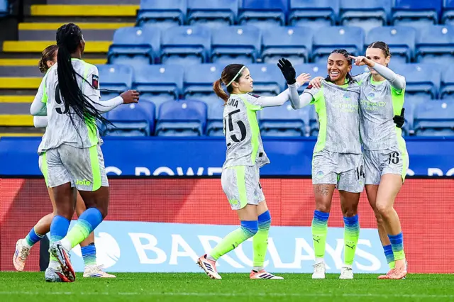 Man City celebrate Kerolin's goal at Leicester