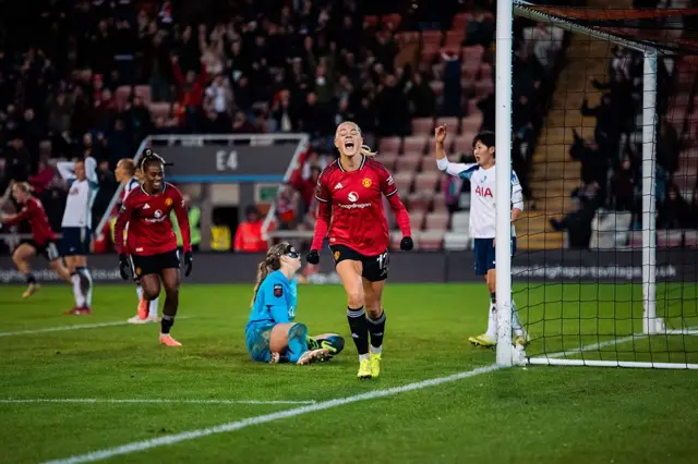 Fridolina Rolfo of Manchester United celebrates scoring her teams third goal during the Barclays Women's Super League match between Manchester United and Tottenham Hotspur at Progress with Unity Stadium on December 14, 2025 in Leigh, England