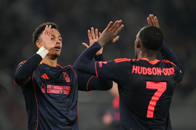 Dan Ndoye and Callum Hudson-Odoi of Nottingham Forest celebrate