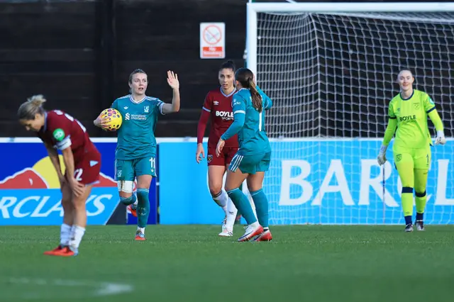 Beata Olsson of Liverpool celebrates scoring her team's second goal with teammate Cornelia Kapocs