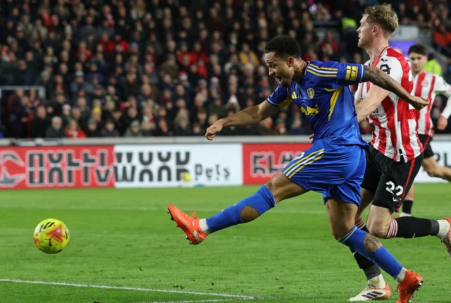 Leeds United's Noah Okafor shoots at goal