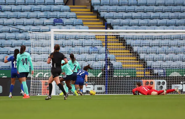 Shannon O'Brien of Leicester City scores her team's first goal