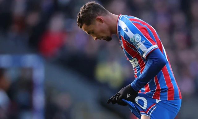 Crystal Palace's Yeremy Pino reacts after a missed