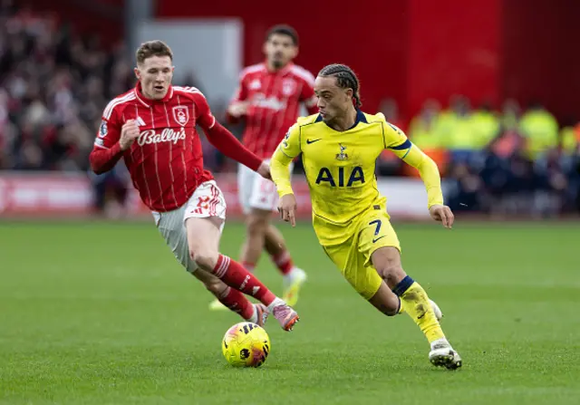 Tottenham Hotspurs' Xavi Simons (right) competing with Nottingham Forest's Elliot Anderson