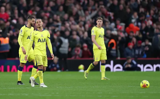 Xavi Simons and Cristian Romero of Tottenham Hotspur react after conceding a second goal