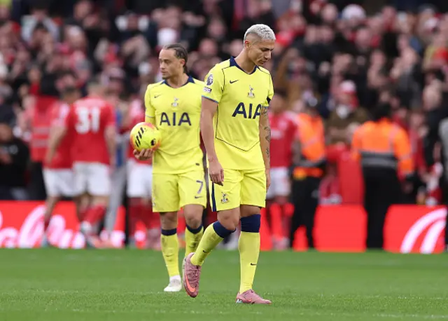 Xavi Simons and Richarlison of Tottenham Hotspur react after conceding a goal