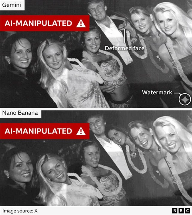 Two AI-manipulated versions of the photo - we have highlighted issues with he one made using Gemini (top) showing the deformed face and the watermark