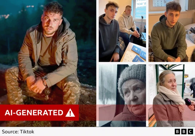 An annotated graphic by BBC Verify showing several frames from the AI-generated TikTok video apparently showing deserters from the Ukrainian armed forces