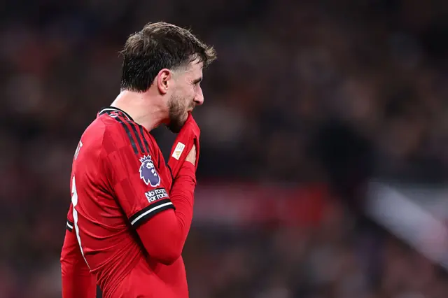 Mason Mount of Manchester United reacts during the Premier League match between Manchester United and Bournemouth at Old Trafford on December 15, 2025 in Manchester, England.