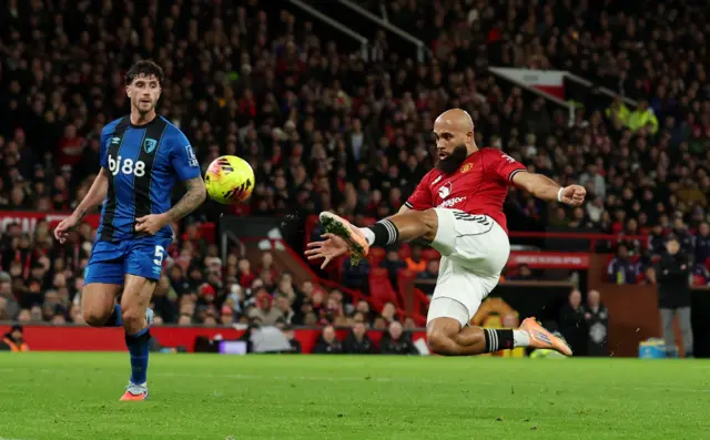 Manchester United's Bryan Mbeumo shoots at goal