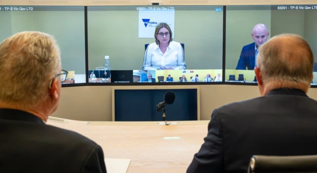 Two men looking at an online video meeting, with their backs against the camera