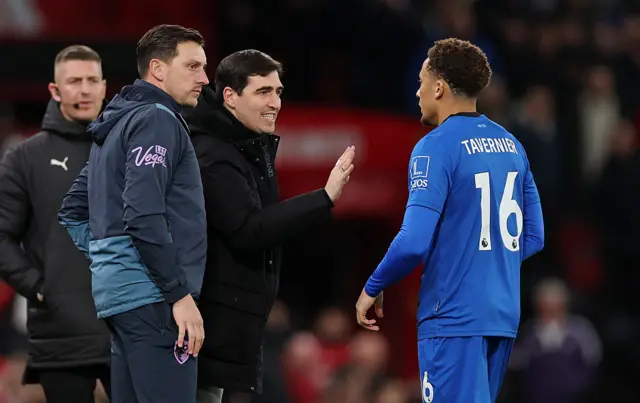 Andoni Iraola, Manager of AFC Bournemouth, gives instructions to Marcus Tavernier of AFC Bournemouth during the Premier League match between Manchester United and Bournemouth at Old Trafford on December 15, 2025 in Manchester, England.