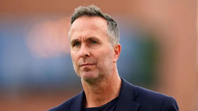 Michael Vaughan wearing a blue t-shirt and blazer