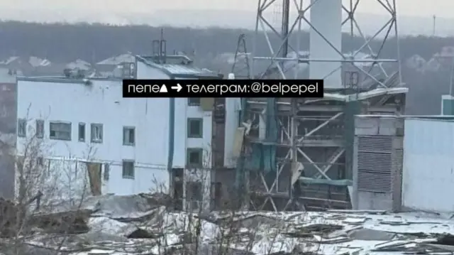 Shattered walls can be seen in this image of the Luch Thermal Power Plant in Belgorod, just across the Russian border from Ukraine