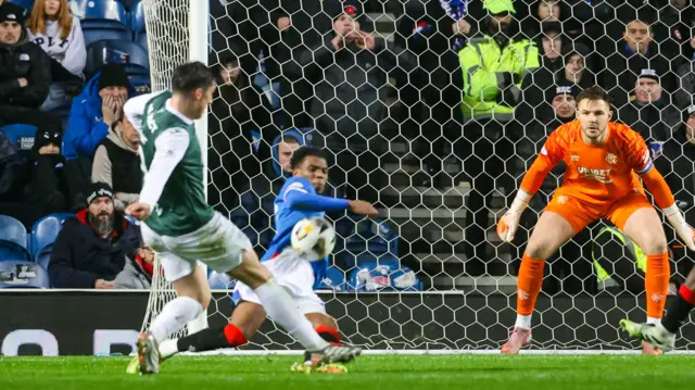 Hibernian's Kieron Bowie's shot appears to come off the arm of Rangers' Dujon Sterling but it's pulled back for an offisde during a William Hill Premiership match between Rangers and Hibernian at Ibrox Stadium