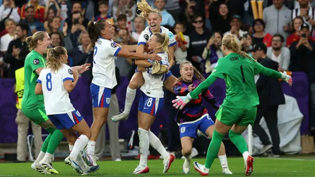 England's players celebrate winning Euro 2025