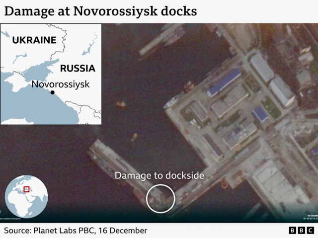 A satellite image of the docks at Novorossiysk shows damage to a dockside pier after a Ukrainian underwater drone attack