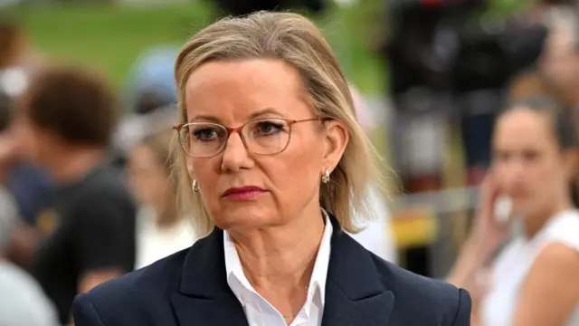 Australian Opposition Leader Sussan Ley wearing a white shirt and dark blazer