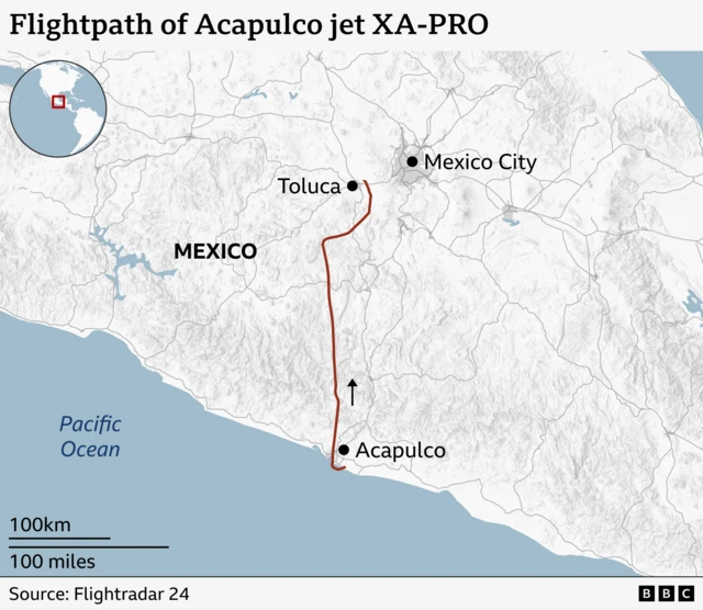 Data from FlightRadar24 that we have plotted onto a map showing the aircraft's flight from Acapulco before it came down short of Toluca