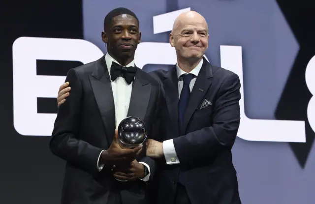 The Best Fifa Men's Player winner, Ousmane Dembele on stage with Gianni Infantino, President of FIFA during The Best FIFA Football Awards 2025.