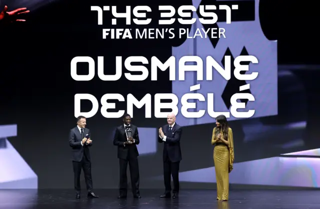 The Best Fifa Men's Player winner, Ousmane Dembele on stage with Gianni Infantino, President of FIFA during The Best FIFA Football Awards 2025.