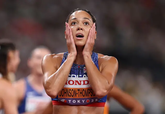 Katarina Johnson-Thompson looks in shock at the World Athletics Championships