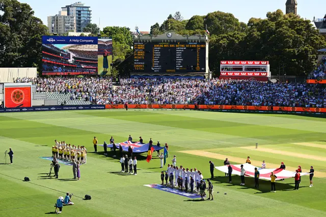 A general view of the pre match ceremony during day one of the Third Test Match in the 2025-26 Ashes Series between Australia and England at Adelaide Oval