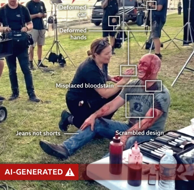 A BBC-annotated graphic showing elements of the fake image that are signs of AI-generation including a deformed car, deformed hands, scrambled design on the T-shirt and that the man is wearing jeans not shorts