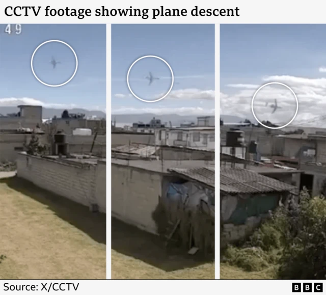 A graphic showing three separate frames from the CCTV of the aircraft seemingly heading towards the ground