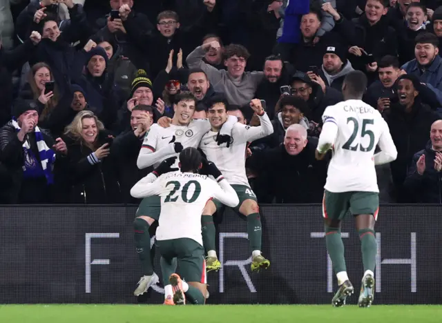 Chelsea's Alejandro Garnacho celebrates scoring their first goal with Facundo Buonanotte during  Carabao Cup Quarter Final v Cardiff City