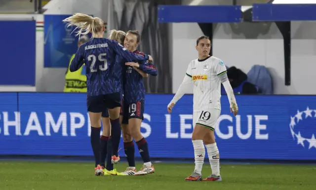 Arsenal's Caitlin Foord celebrates their third goal, an own goal scored by Oud-Heverlee Leuven's Saar Janssen