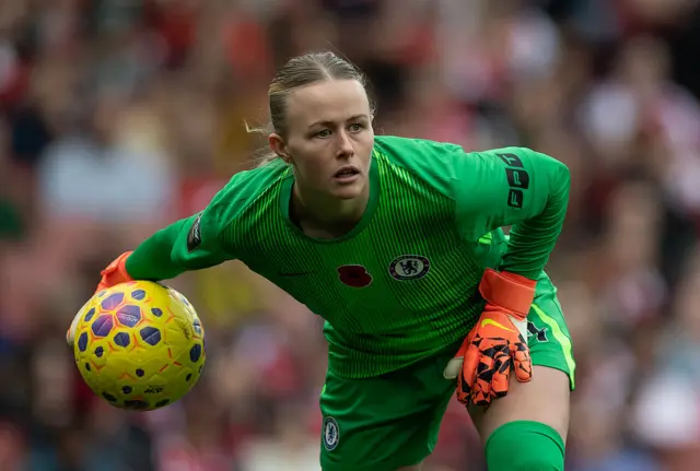 Hannah Hampton rolls the ball out