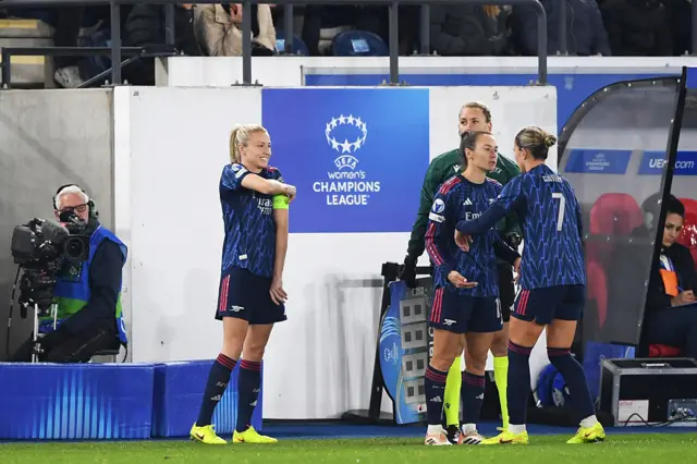 Steph Catley is substituted for teammate Leah Williamson of Arsenal during the UEFA Women's Champions League 2025/26 league phase match between Oud-Heverlee Leuven and Arsenal FC at Stadium Den Dreef on December 17, 2025 in Leuven, Belgium.