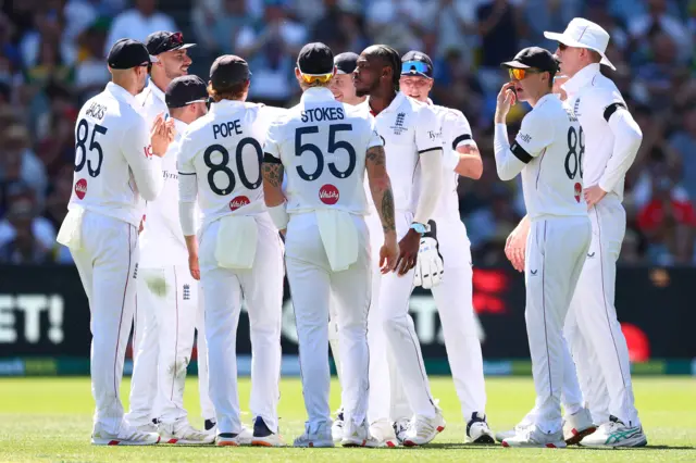 Jofra Archer and England celebrate the wicket of Jake Weatherald