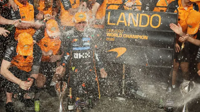 Lando Norris celebrates after being crowned world champion