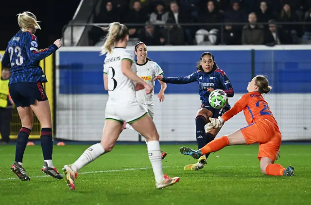 Olivia Smith of Arsenal scores her team's first goal during the UEFA Women's Champions League 2025/26 league phase match between Oud-Heverlee Leuven and Arsenal FC at Stadium Den Dreef on December 17, 2025 in Leuven, Belgium.