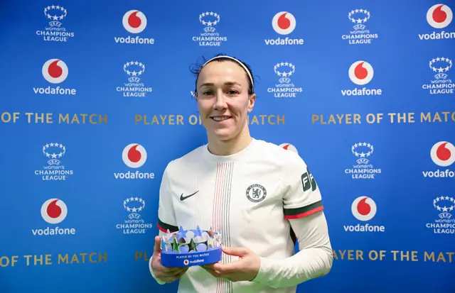 Lucy Bronze of Chelsea poses for a photo with the Vodafone Player Of The Match award