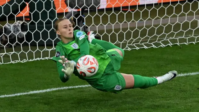 Hannah Hampton saves a penalty in the Euro 2025 final