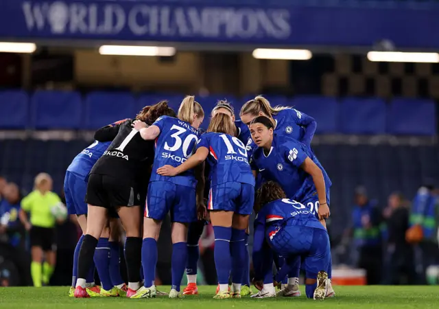 Players of Chelsea form a huddle prior to the UEFA Women's Champions League 2025/26 league phase match between Chelsea FC Women and AS Roma at Stamford Bridge on December 10, 2025 in London, England.