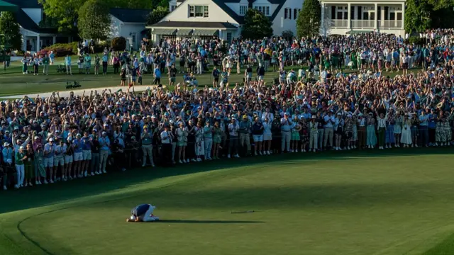 Rory McIlroy reacts after winning the Masters