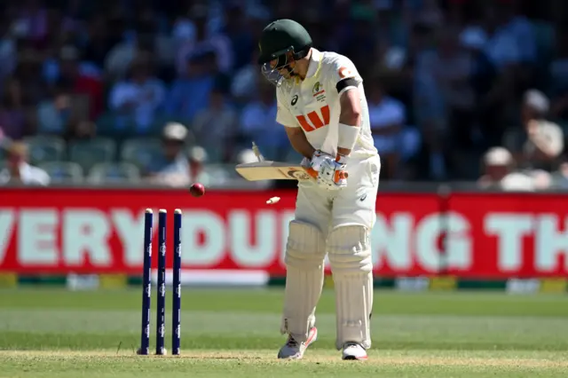 Josh Inglis is bowled by Josh Tongue