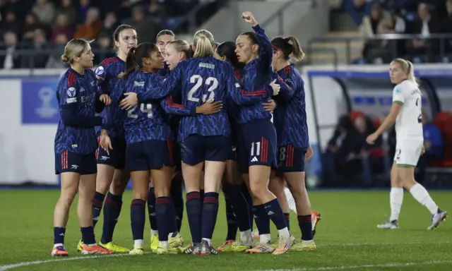 Arsenal's Beth Mead celebrates scoring their second goal with teammates