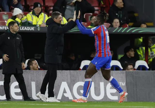 Crystal Palace's Christantus Uche celebrates scoring their first goal with manager Oliver Glasner during UEFA Conference League - Crystal Palace v KuPS - Selhurst Par.
