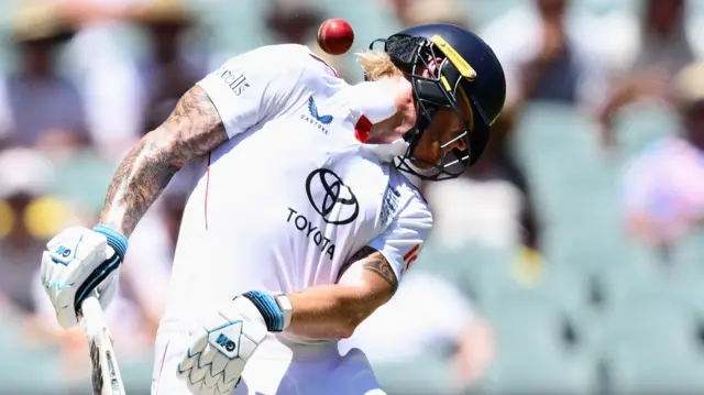 Ben Stokes is hit by a Mitchell Starc bouncer