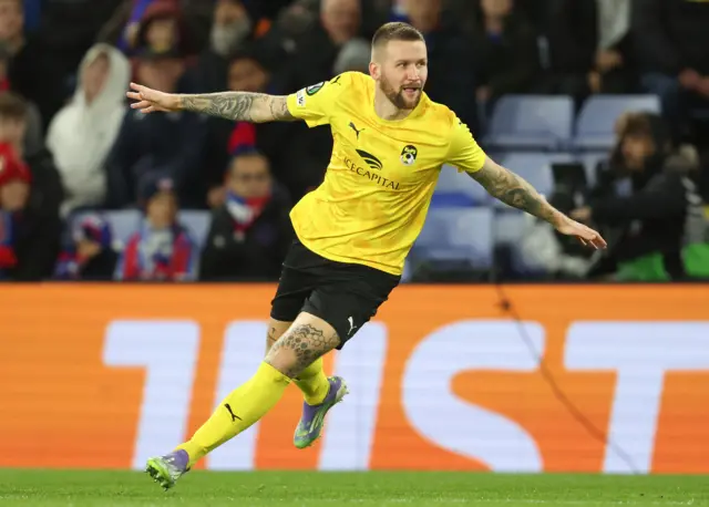 KuPS Kuopio's Piotr Parzyszek celebrates scoring his side's first goal during the UEFA Conference League 2025/26 League Phase MD6 match between Crystal Palace FC and KuPS Kuopio at Selhurst Park.