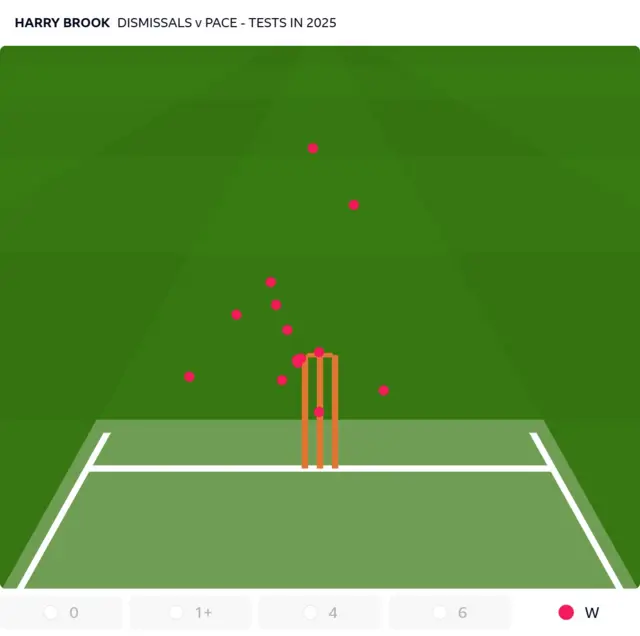 A beehive showing Harry Brook's dismissals to pace in 2025 and a weakness in the channel outside off stump