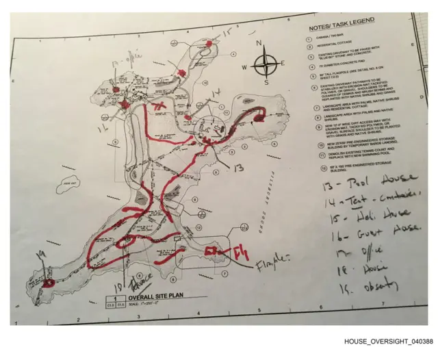 A site plan marked with red pen lines showing Great Saint James in the Virgin Islands