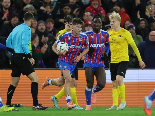 Crystal Palace's Justin Devenny celebrates scoring their second goal with Christantus Uche during UEFA Conference League - Crystal Palace v KuPS - Selhurst Park