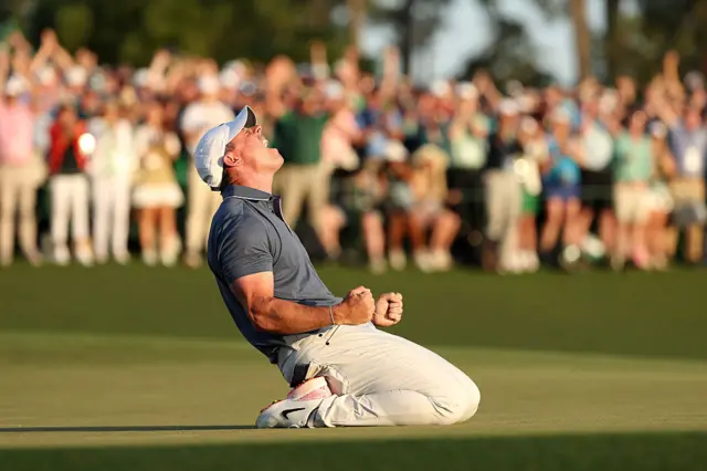 Rory McIlroy celebrates winning the Masters